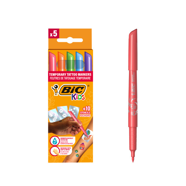 Pack Bic Kids Tattoos de 5 marqueurs + 10 pochoirs pour tatouages temporaires - Encre testée dermatologiquement et sans parfum - Couleurs assorties