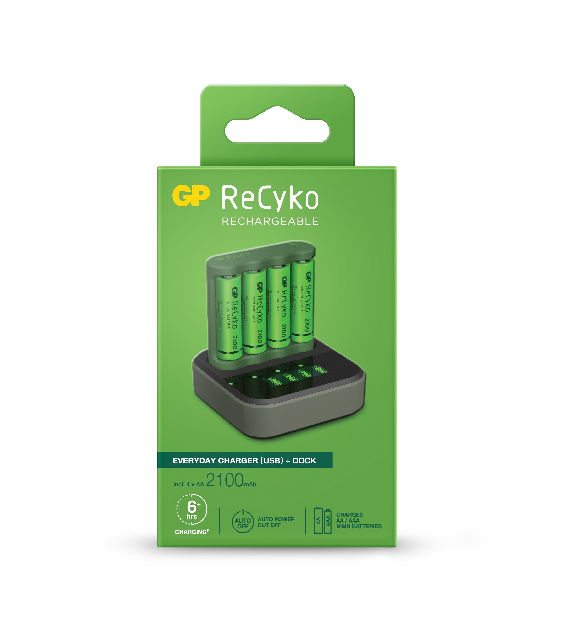 Pack Chargeur Dock GP ReCyko B421 Quotidien USB 4 Espaces + Base de Recharge + 4 Piles AA 2100mAh Rechargeables