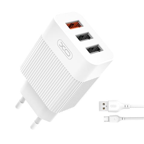 Pack chargeur secteur XO L72 1x USB-A 18W Quick Charge 3.0, 2x USB-A + câble USB-A vers MicroUSB