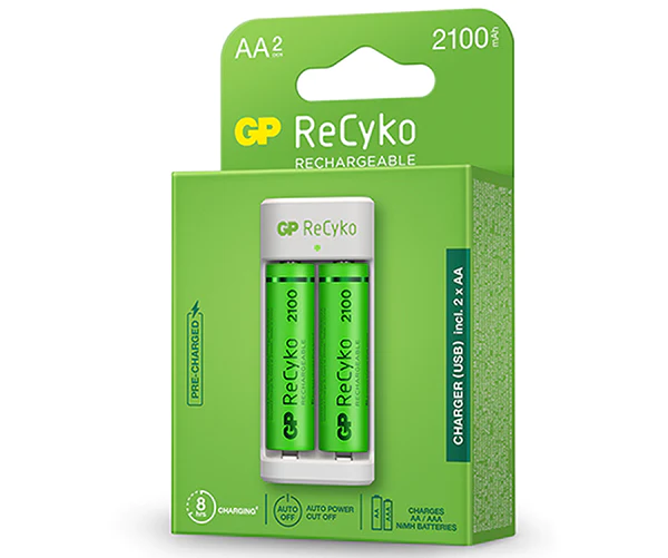 ✓ Pack chargeur USB GP ReCyko + 2 piles rechargeables 2100mAh AA couleur  Plusieurs couleurs en stock - 123CONSOMMABLES