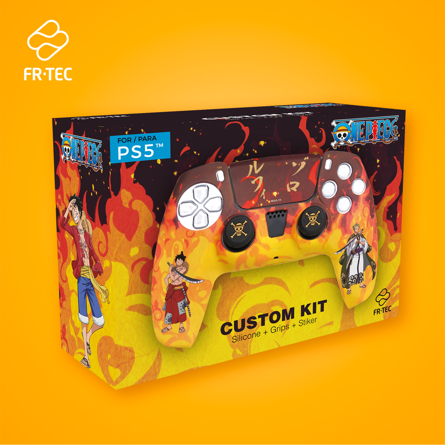Pack coque en silicone FR-TEC One Piece Fire + poignées + autocollant pour PS5