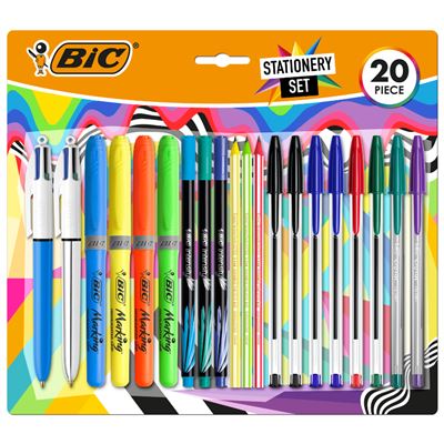 Pack d'écriture Bic Multicolore de 20 pièces assorties - 6 Bic Cristal Original, 2 Bic Cristal Fun, 2 Bic 4 Couleurs, 3 Bic Intensity Fine, 4 Bic Highlighter Grip et 3 Bic Evolution Stripes HB