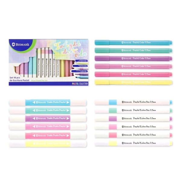 Pack d'écriture Bismark Pastel School avec 6 marqueurs à pointe biseautée de 4 mm et fine de 1 mm, 6 marqueurs à pointe fine de 0,5 mm et 6 stylos à pointe pastel de 0,5 mm
