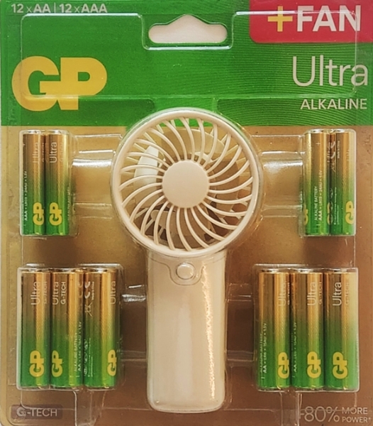 Pack de 12 piles alcalines GP Ultra AAA + 12 piles AA + ventilateur portatif offert