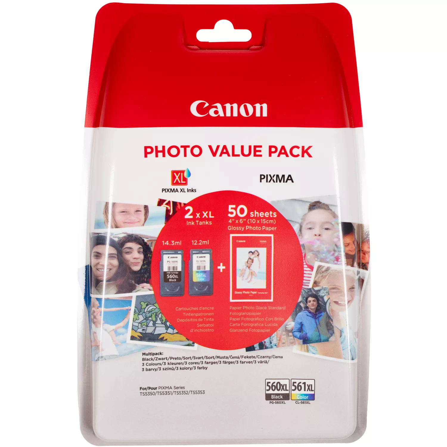 Pack de 2 cartouches d'encre d'origine Canon PG560XL Noir + CL561XL Couleur - 50 feuilles de papier photo