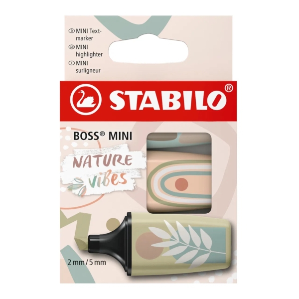 Pack de 3 marqueurs fluorescents Stabilo Boss Mini Naturevibes - Trait entre 2 et 5 mm - Encre à l'eau - Anti-dessèchement - Couleurs vert boue, vert terre et beige