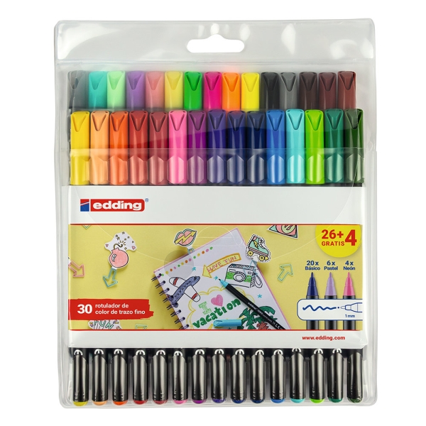 Pack de 30 marqueurs Edding 1200 - Pointe ronde - Encre à base d'eau - Couleurs classiques, fluo et pastel assorties