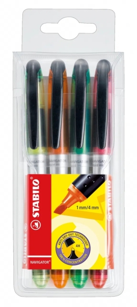 Pack de 4 surligneurs fluorescents Stabilo Navigator - Zone de préhension - Design fin - Clip de transport pratique - Trait entre 2 et 5 mm - Couleurs jaune, orange, vert et rose