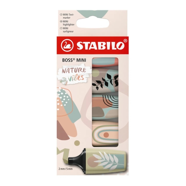 Pack de 5 marqueurs fluorescents Stabilo Boss Mini Naturevibes - Trait de 2 à 5 mm - Encre à l'eau - Anti-dessèchement - Vert boue, vert terre, terre de Sienne, beige et gris chaud