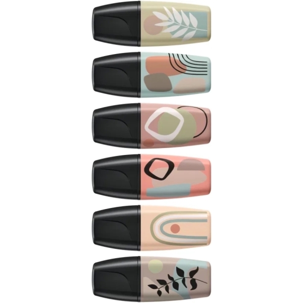 Pack de 6 marqueurs fluorescents Stabilo Boss Mini Naturevibes - Trait entre 2 et 5 mm - Encre à l'eau - Anti-dessèchement - Couleurs : vert boue, vert terre, ocre, terre de Sienne, beige et gris chaud