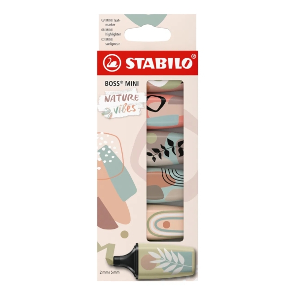 Pack de 6 marqueurs fluorescents Stabilo Boss Mini Naturevibes - Trait entre 2 et 5 mm - Encre à l'eau - Anti-dessèchement - Couleurs : vert boue, vert terre, ocre, terre de Sienne, beige et gris chaud