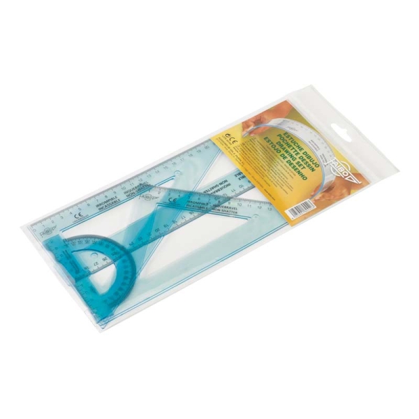 Pack de règles scolaires incassables Faibo - Comprend une règle de 30 cm, une équerre de 25 cm, une équerre de 25 cm et un demi-cercle de 10 cm - Présenté dans un sac transparent - Couleur bleu transparent