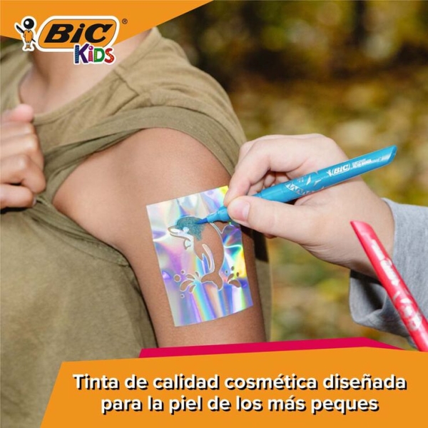 Pack de tatouages temporaires Bic Kids (3 tampons + 3 marqueurs + 10 pochoirs) - Encre testée dermatologiquement et sans parfum - Couleurs assorties