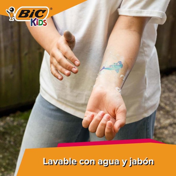 Pack de tatouages temporaires Bic Kids (3 tampons + 3 marqueurs + 10 pochoirs) - Encre testée dermatologiquement et sans parfum - Couleurs assorties