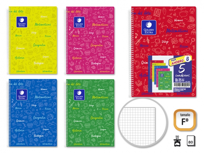 Pack Doré de 5 Cahiers Sujet Relié Folio 80 Feuilles 90gr Grille 4x4 - Résistant - Idéal pour les étudiants - Haute Qualité