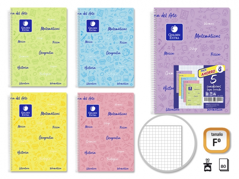 Pack Doré de 5 Cahiers Sujets à Couverture Souple - 80 Feuilles - Papier 90gr - Grille 4x4