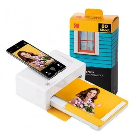 Pack Imprimante Photo Portable Bluetooth Kodak Dock Plus + 80 Feuilles de Papier Photo 10x15cm - Format d'impression 10x15cm - Alimenté par Batterie - Couleur Blanc/Jaune