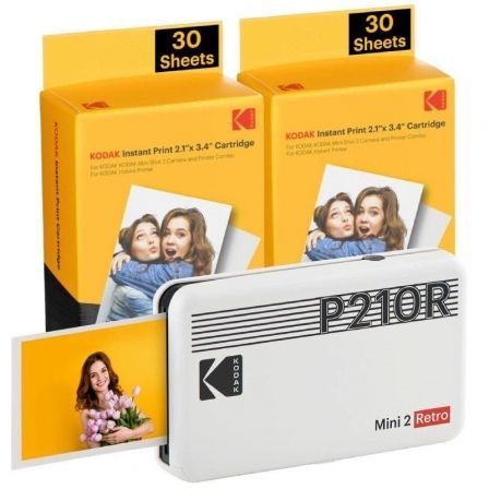 Pack Imprimante Photo Portable Bluetooth Rétro Kodak Mini 2 + 60 Feuilles de Papier Photo - Format d'impression 5,3x8,6 cm - Alimenté par Batterie - Couleur Blanc