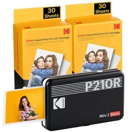 Pack Imprimante Photo Portable Bluetooth Rétro Kodak Mini 2 + 60 Feuilles de Papier Photo - Format d'impression 5,3x8,6 cm - Alimenté par Batterie - Couleur Noir