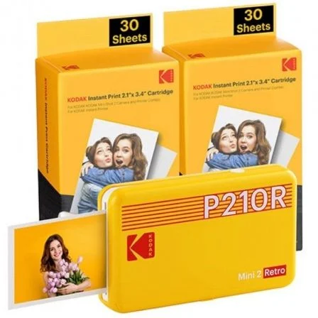 Pack Imprimante Photo Portable Bluetooth Rétro Kodak Mini 2 + 60 Feuilles de Papier Photo - Format d'impression 5,3x8,6 cm - Alimenté par Batterie - Couleur Jaune