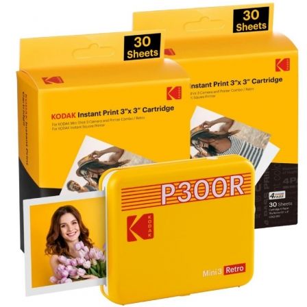 Pack Imprimante Photo Portable Bluetooth Rétro Kodak Mini 3 + 60 Feuilles de Papier Photo - Format d'impression 7,62x7,62 cm - Alimenté par Batterie - Couleur Jaune