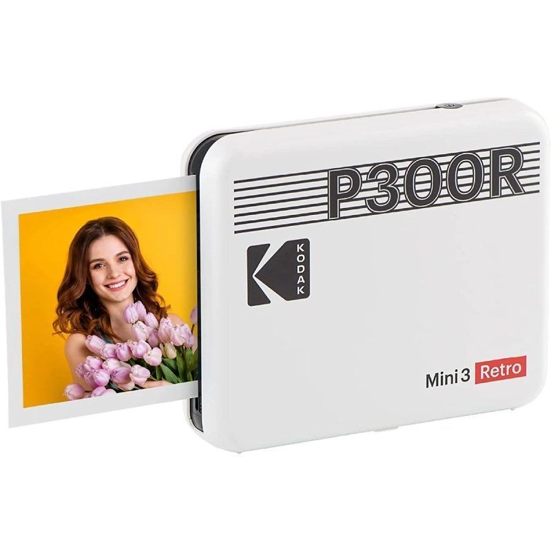 Pack Imprimante Photo Portable Bluetooth Rétro Kodak Mini 3 + 60 Feuilles de Papier Photo - Format d'impression 7,62x7,62 cm - Alimenté par Batterie - Couleur Blanc
