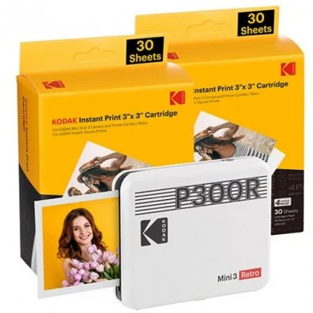 Pack Imprimante Photo Portable Bluetooth Rétro Kodak Mini 3 + 60 Feuilles de Papier Photo - Format d'impression 7,62x7,62 cm - Alimenté par Batterie - Couleur Blanc