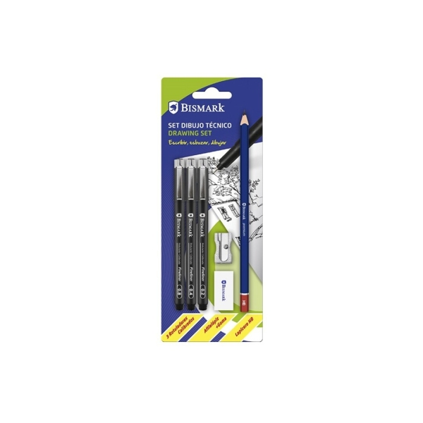 Pack scolaire Bismark avec 3 marqueurs noirs calibrés 0,2, 0,4 et 0,8 mm, crayon HB, gomme et taille-crayon