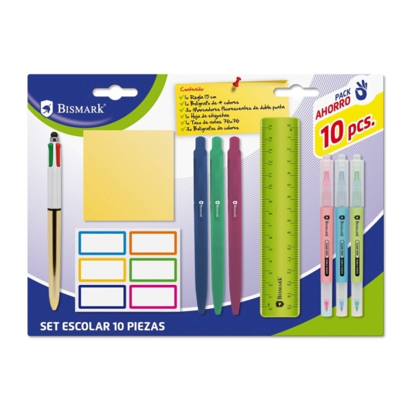 Pack scolaire Bismark avec règle flexible de 15 cm, stylo 4 couleurs, 3 marqueurs fluorescents double pointe, notes autocollantes 76 x 76, feuille d'étiquettes adhésives et 3 stylos Soft Touch