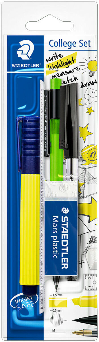 Pack Scolaire Staedtler Composé de 1 Marqueur Jaune + 1 Gomme + 1 Stylo Noir + 1 Portemine 0.5mm + 1 Règle