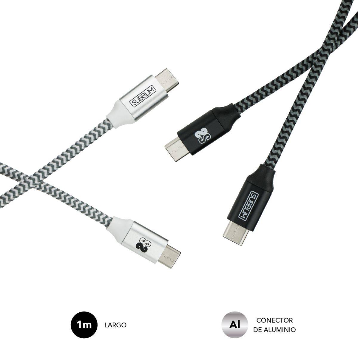 Pack Subblim de Câbles USB C vers USB C - 1m - Charge Rapide jusqu'à 5V/30A - Synchronisation des Données jusqu'à 5Gbps - Fibre Nylon Résistante - Double Tressé pour une Meilleure Protection - Connecteurs Réversibles en Aluminium - Couleur Noir