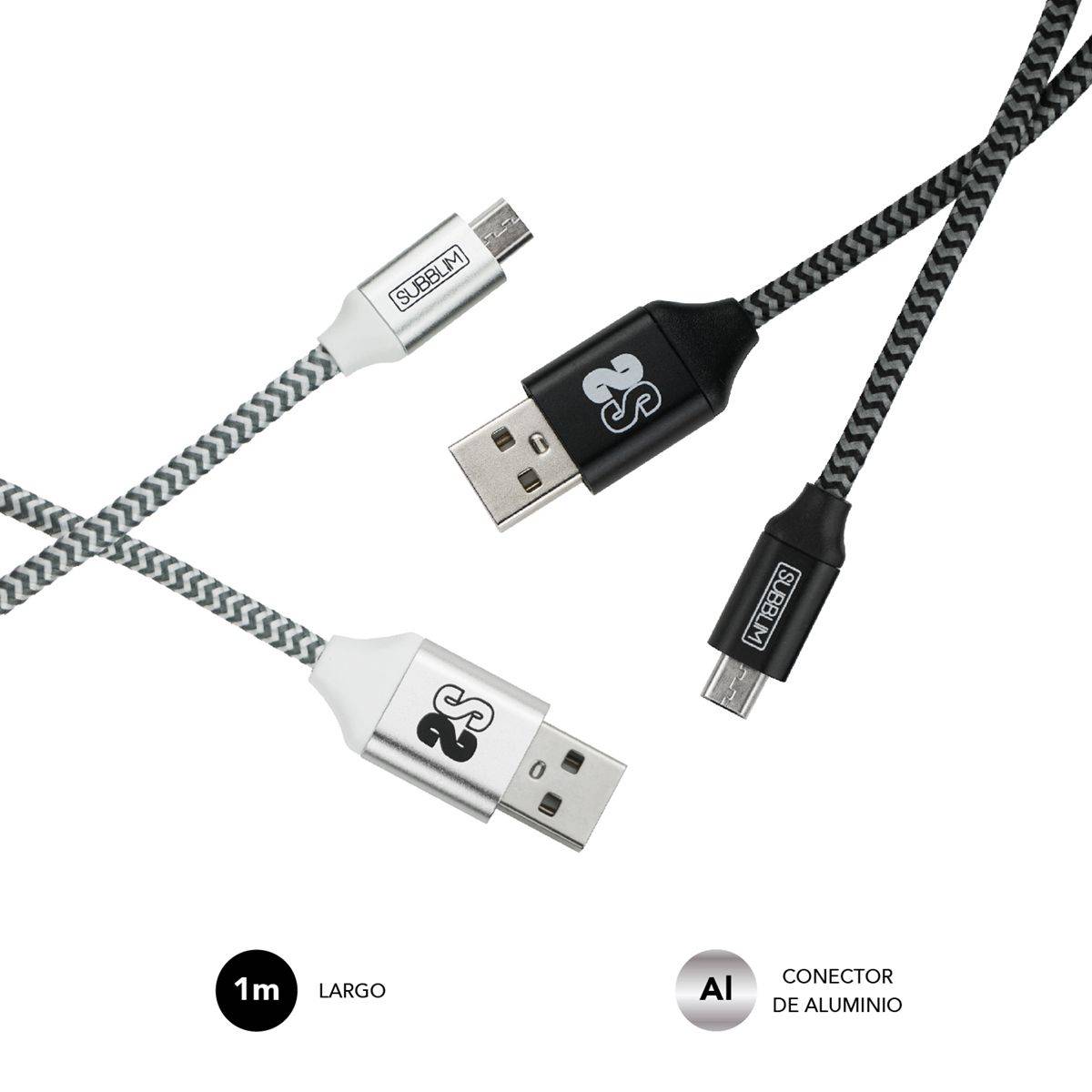 Pack Subblim de Câbles USB vers et Micro USB - Vitesse de Charge Élevée - Synchronisation des Données jusqu'à 480 Mbps - Fibre Nylon Résistante - Couleur Noir