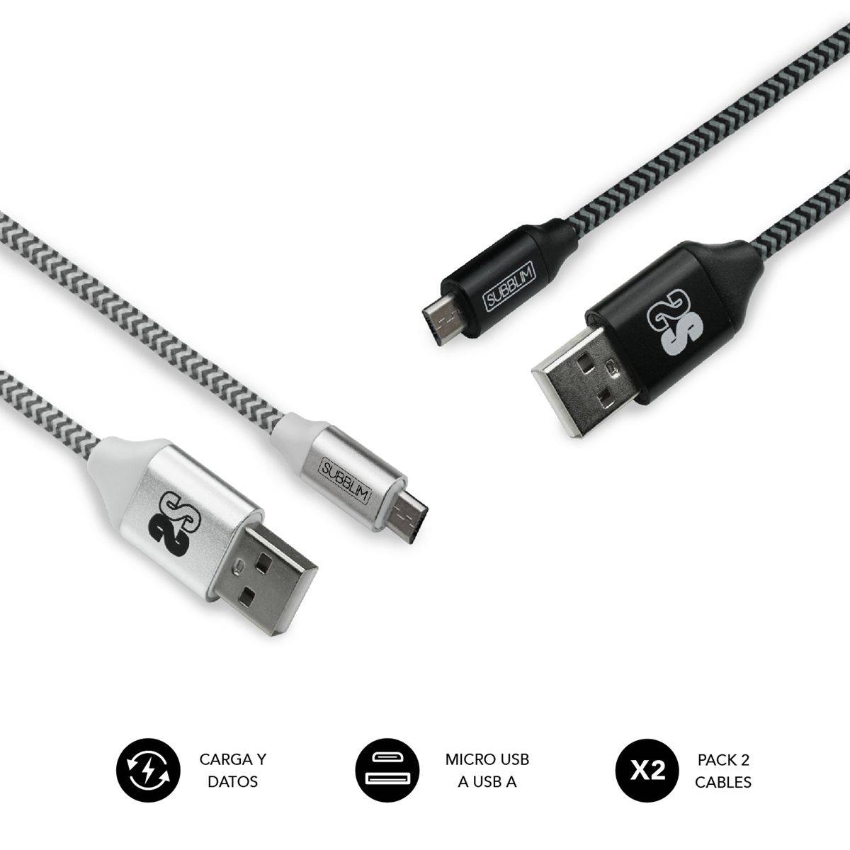 Pack Subblim de Câbles USB vers et Micro USB - Vitesse de Charge Élevée - Synchronisation des Données jusqu'à 480 Mbps - Fibre Nylon Résistante - Couleur Noir