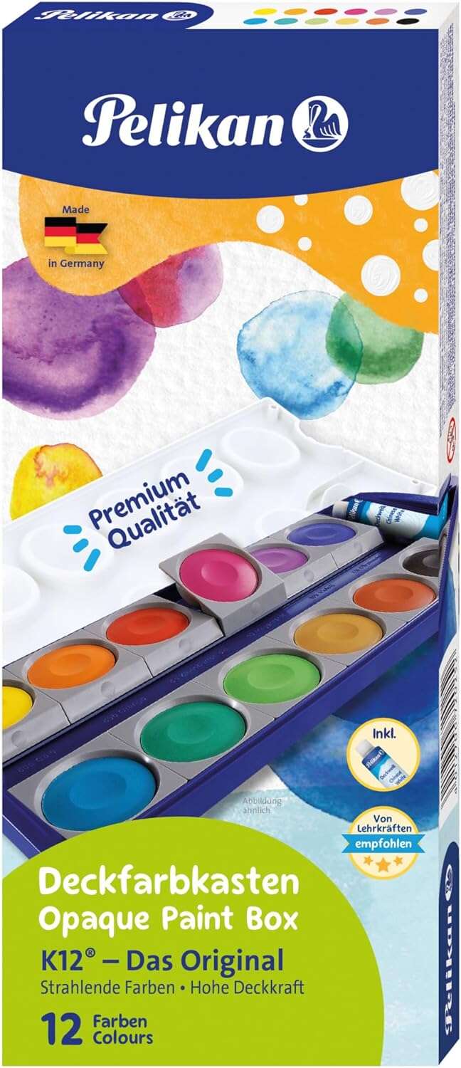 Pelikan Aquarelles Opaques 735/K12 Boîte 12 Puits + 1 Tube Blanc - Couleurs Intenses et Faciles à Diluer - Résistantes à la Lumière - Idéales pour un Usage Scolaire
