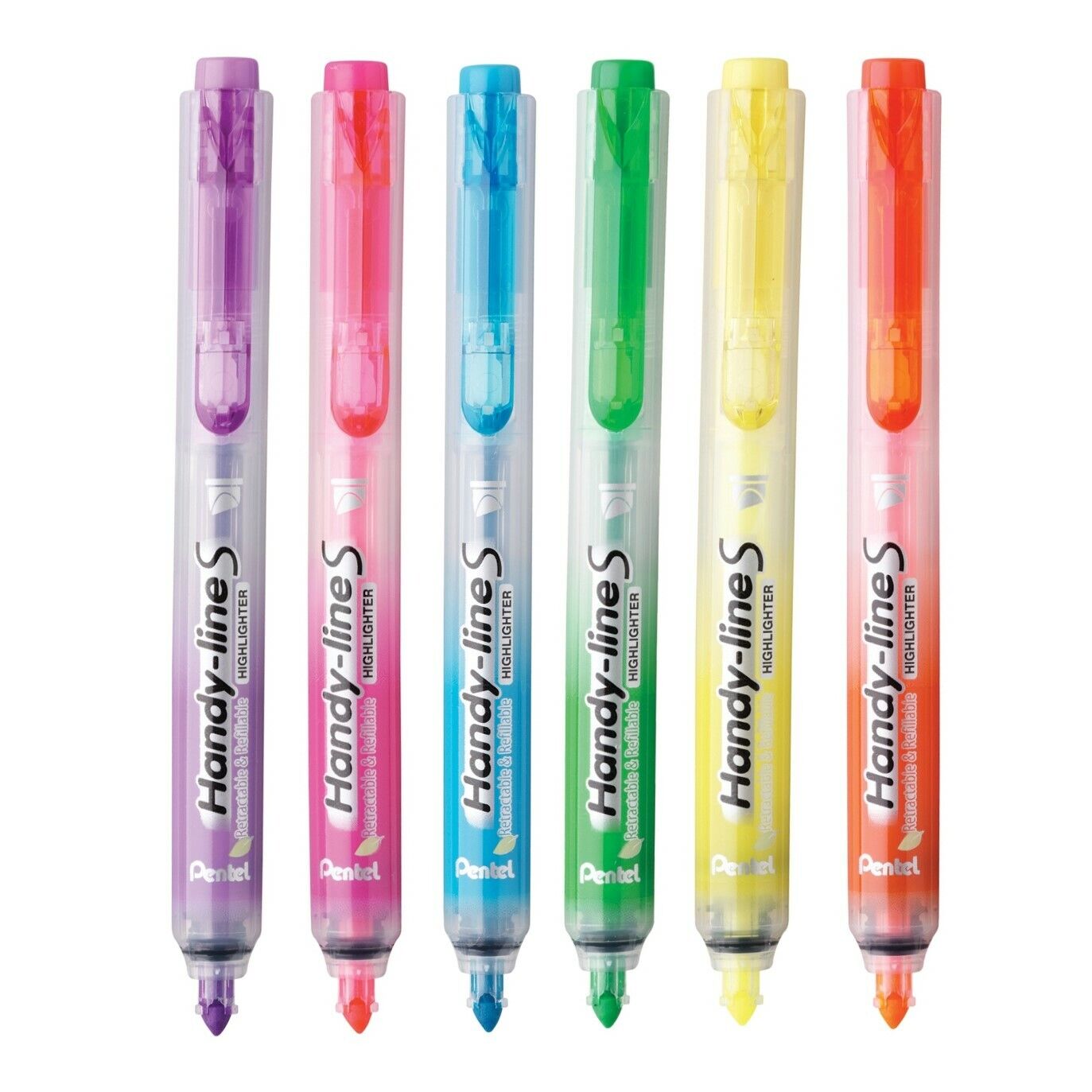 Pentel Handy Line S Pack de 6 Marqueurs Fluorescents Rétractables - Encre Liquide - Trait de 1,6 à 3 mm - Format Fin avec Clip - Couleurs Jaune, Orange, Fuchsia, Violet, Vert et Bleu