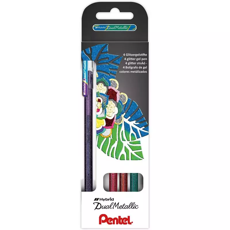 Pentel Hybrid Dual Metallic Lot de 4 stylos à bille avec encre gel brillante – Pointe 1 mm – Course 0,5 mm – Couleurs vives assorties