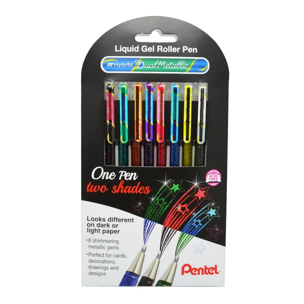 Pentel Hybrid Dual Metallic Pack de 8 stylos à bille avec encre gel brillante - Pointe 1 mm - Course 0,5 mm - Couleurs vives assorties