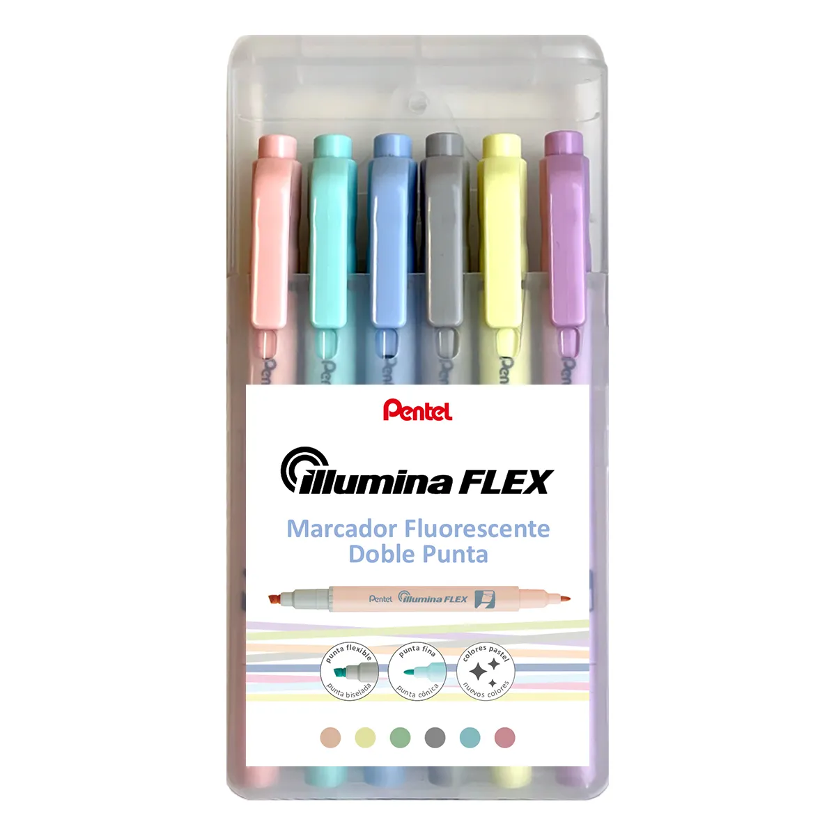 Pentel Illumina Flex Pack de 6 Marqueurs Fluorescents Double Pointe - Course Biseautée entre 1,5 et 3,5 mm - Course Conique 1 mm - Couleurs Jaune, Gris, Pêche, Violet, Turquoise Vert et Bleu