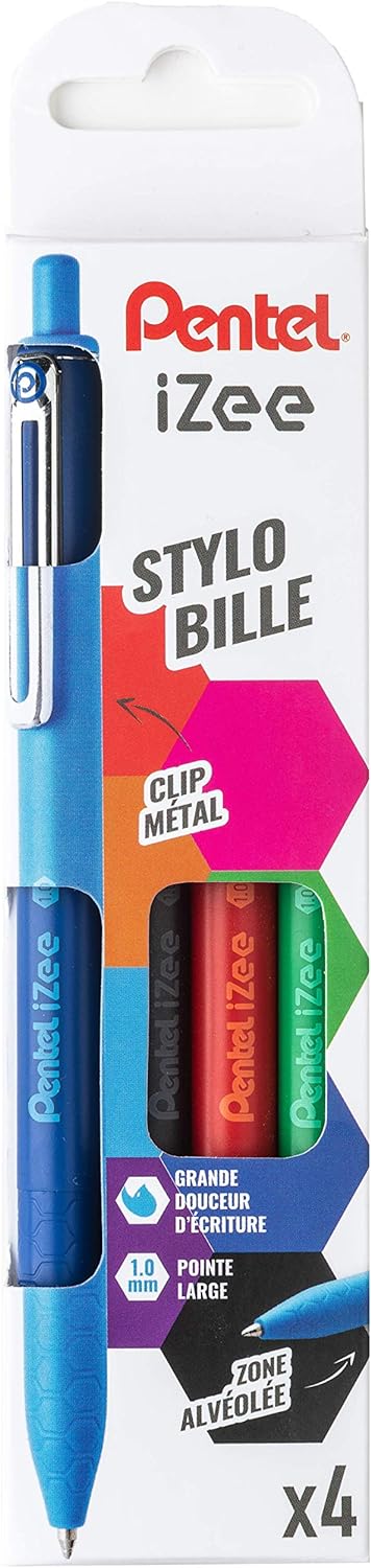 Pentel iZee Pack de 4 Stylos à Bille Rétractables - Pointe 0,7 mm - Course 0,35 mm - Clip Métal - Couleurs Noir, Bleu, Rouge et Vert