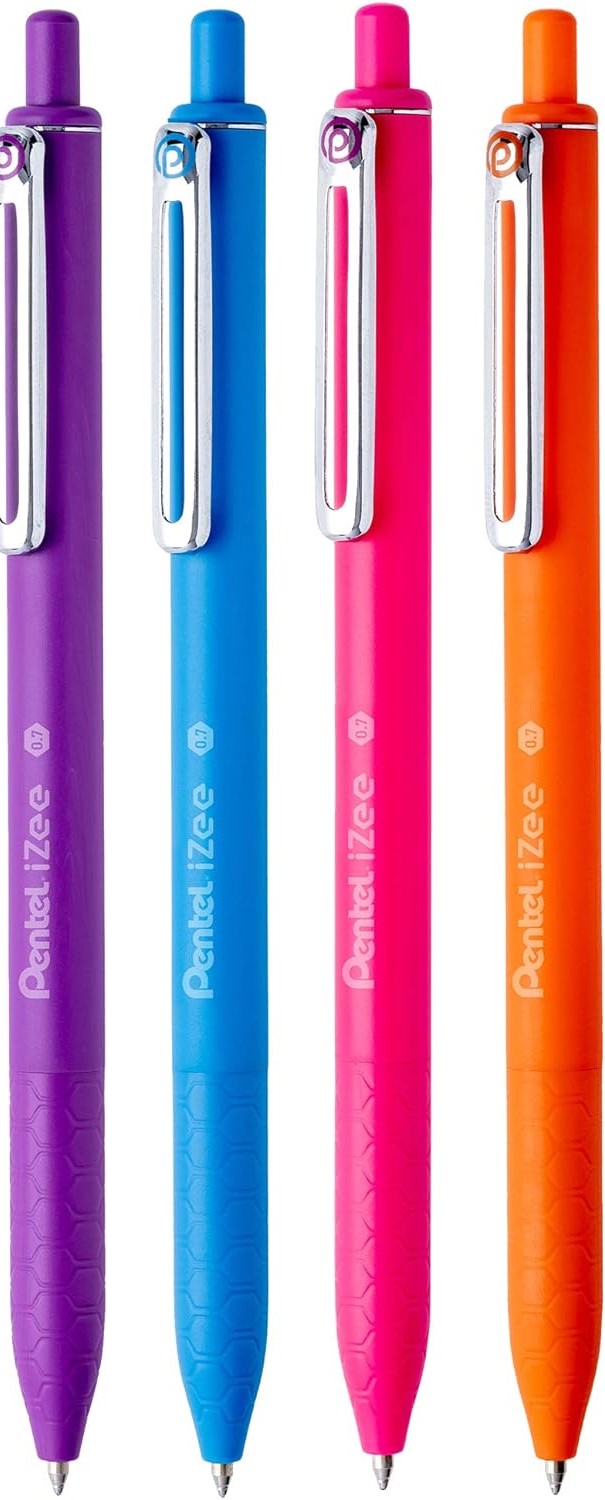 Pentel iZee Pack de 4 Stylos à Bille Rétractables - Pointe 0,7 mm - Trait 0,35 mm - Clip Métal - Couleurs Orange, Bleu Clair, Rose et Violet