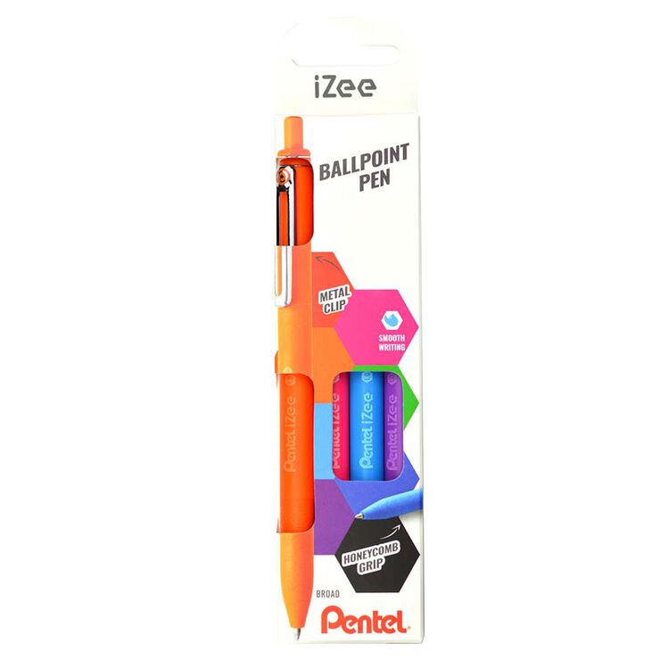 Pentel iZee Pack de 4 Stylos à Bille Rétractables - Pointe 0,7 mm - Trait 0,35 mm - Clip Métal - Couleurs Orange, Bleu Clair, Rose et Violet