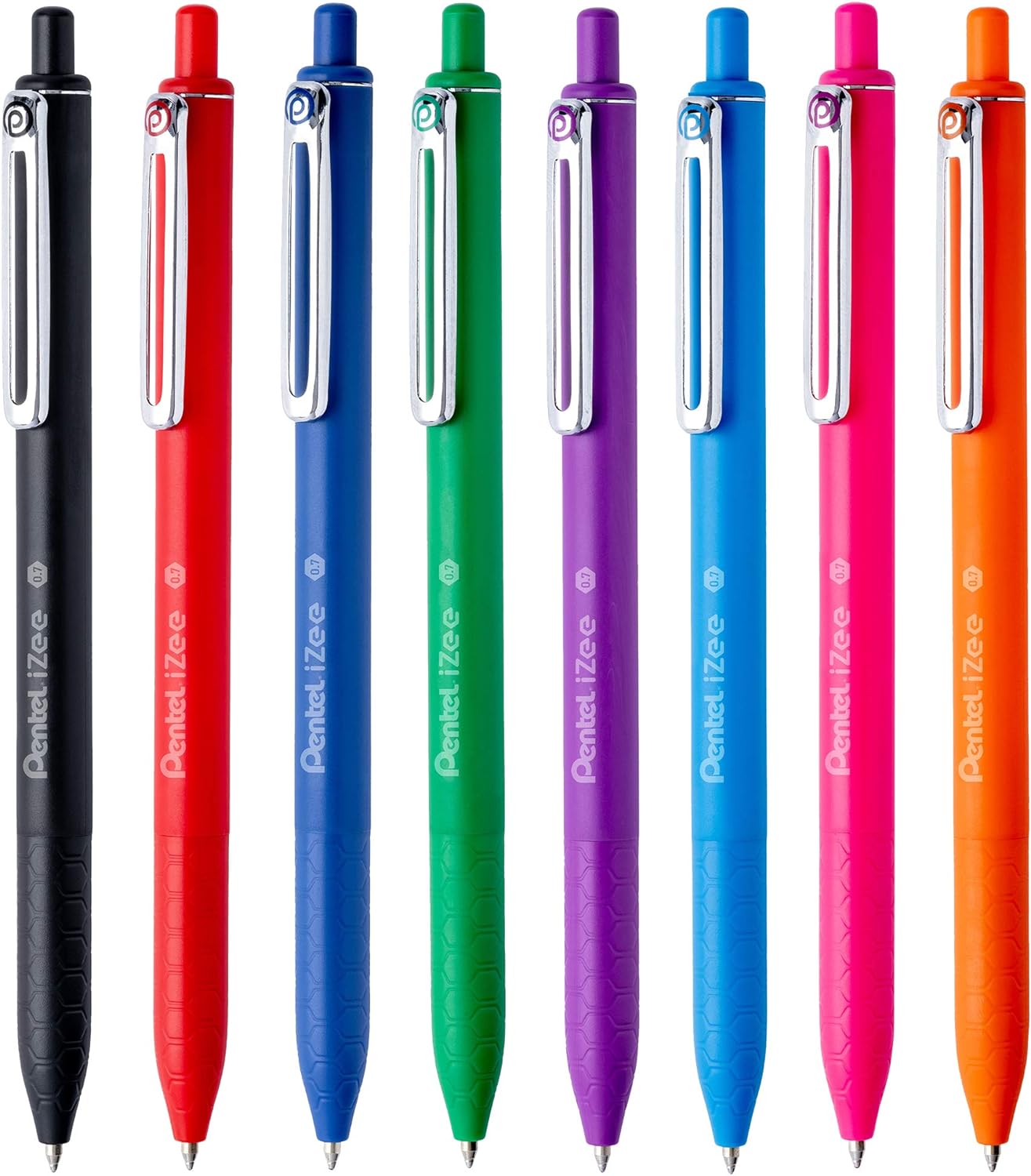 Pentel iZee Pack de 8 Stylos à Bille Rétractables - Pointe 0,7 mm - Trait 0,35 mm - Clip Métal - Couleurs Assorties
