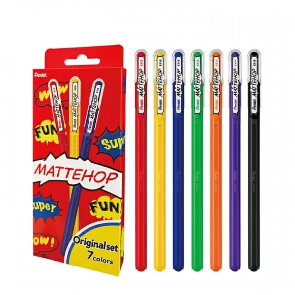 Pentel Mattehop Original Lot de 7 stylos à bille – Pointe 1 mm – Course 0,5 mm – Encre gel opaque – Fabriqué avec 55 % de matériaux recyclés – Couleurs assorties