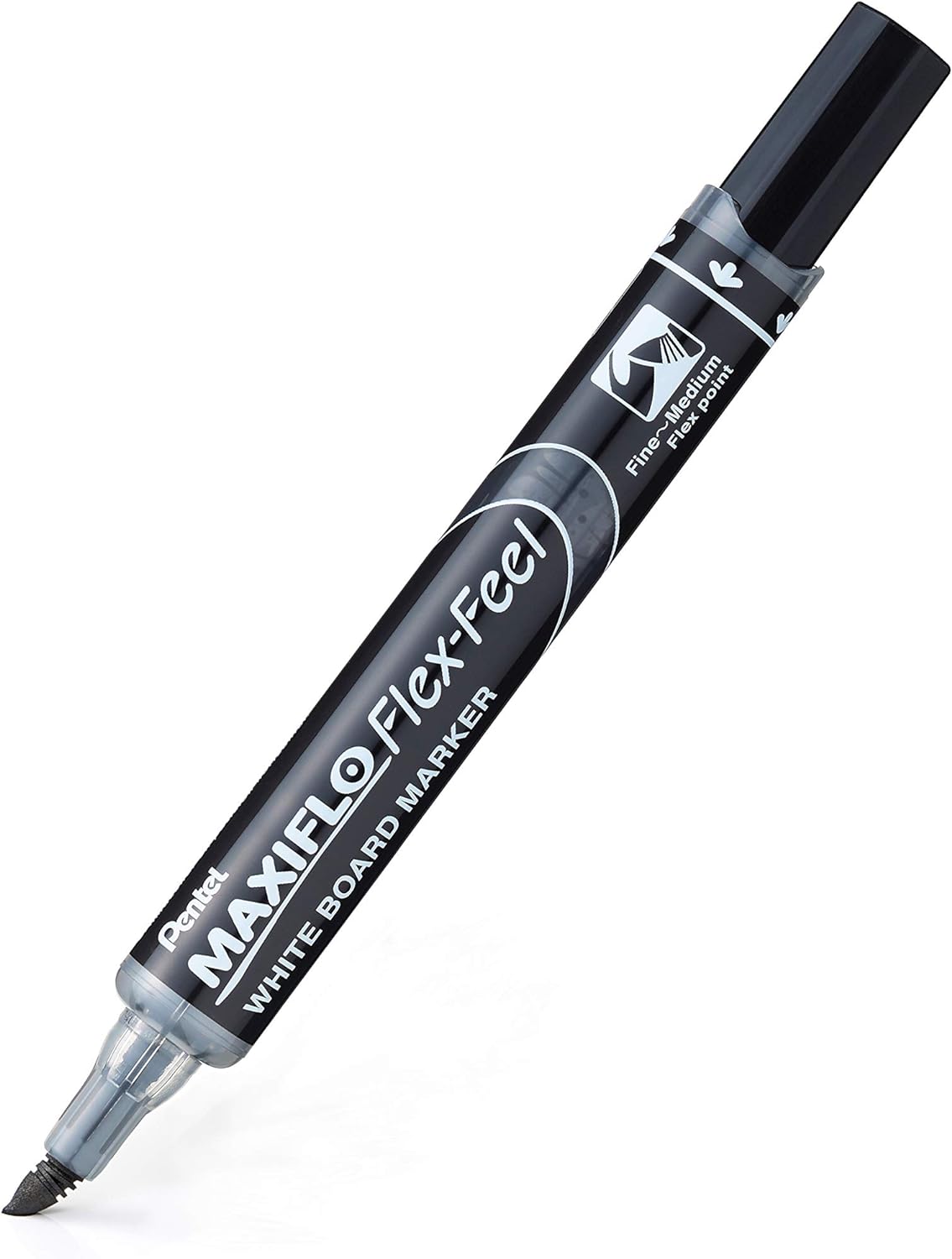 Pentel Maxiflo Flex-Feel Pack de 4 Marqueurs pour Tableau Blanc - Pointe Flexible 4,6 mm - Distribution d'encre par Piston - Couleurs Noir, Bleu, Rouge et Vert
