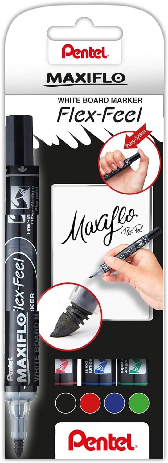 Pentel Maxiflo Flex-Feel Pack de 4 Marqueurs pour Tableau Blanc - Pointe Flexible 4,6 mm - Distribution d'encre par Piston - Couleurs Noir, Bleu, Rouge et Vert