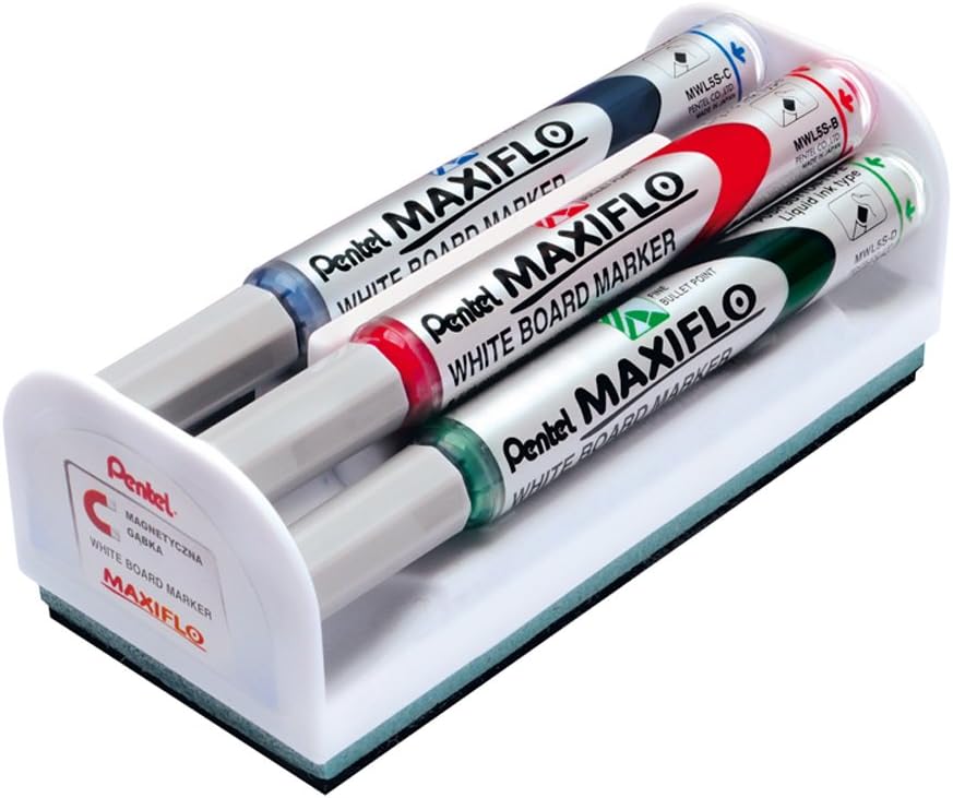 Pentel Maxiflo Pack de 4 Marqueurs Tableau Blanc + Gomme Magnétique - Pointe Bullet - Largeur de Trait 2mm - Régulation du Débit d'Encre - Couleurs Noir, Bleu, Rouge et Vert
