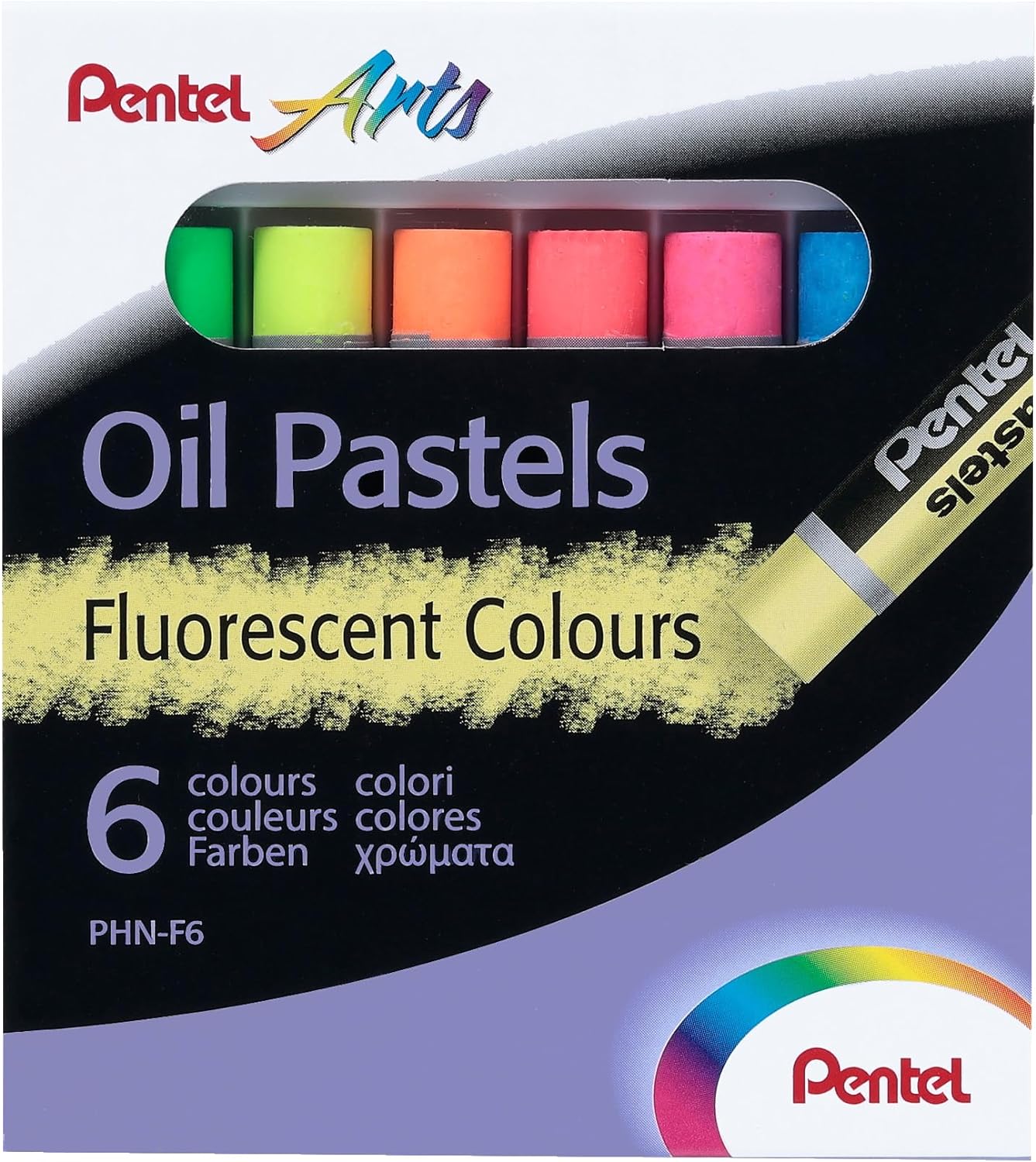 Pentel Pastels à l'huile Lot de 6 pastels à l'huile fluorescents - Doux, crémeux et séchage lent - Couleurs fluorescentes assorties
