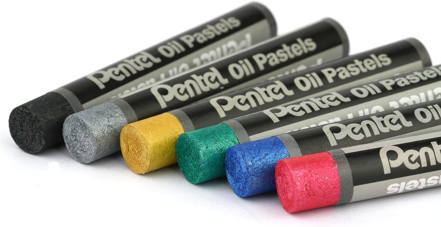 Pentel Pastels à l'huile Lot de 6 pastels à l'huile métalliques - Doux, crémeux et séchage lent - Couleurs métalliques assorties