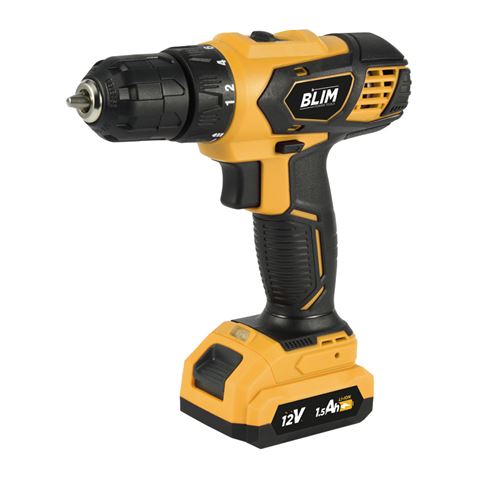 Perceuse à batterie Blim 12V 1.5Ah - Couple maximum 28nm - 2 Vitesses 0-400/0-1500rpm - Couleur Jaune