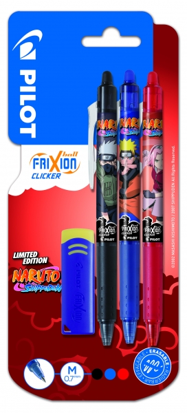 Pilot Frixion Clicker Naruto Shippuden Pack de 3 Stylos Gel Effaçables Rétractables + Gomme - Pointe Bille 0,7 mm - Course 0,4 mm - Grip - Couleur Bleu, Rouge et Noir